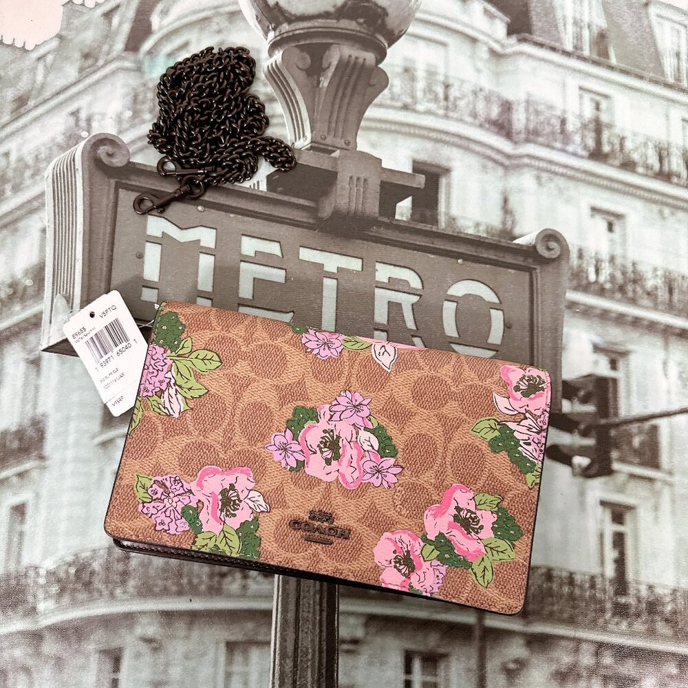 Coach 89655 Callie Foldover Chain Clutch in Signature Canvas IN Tan Sand Print